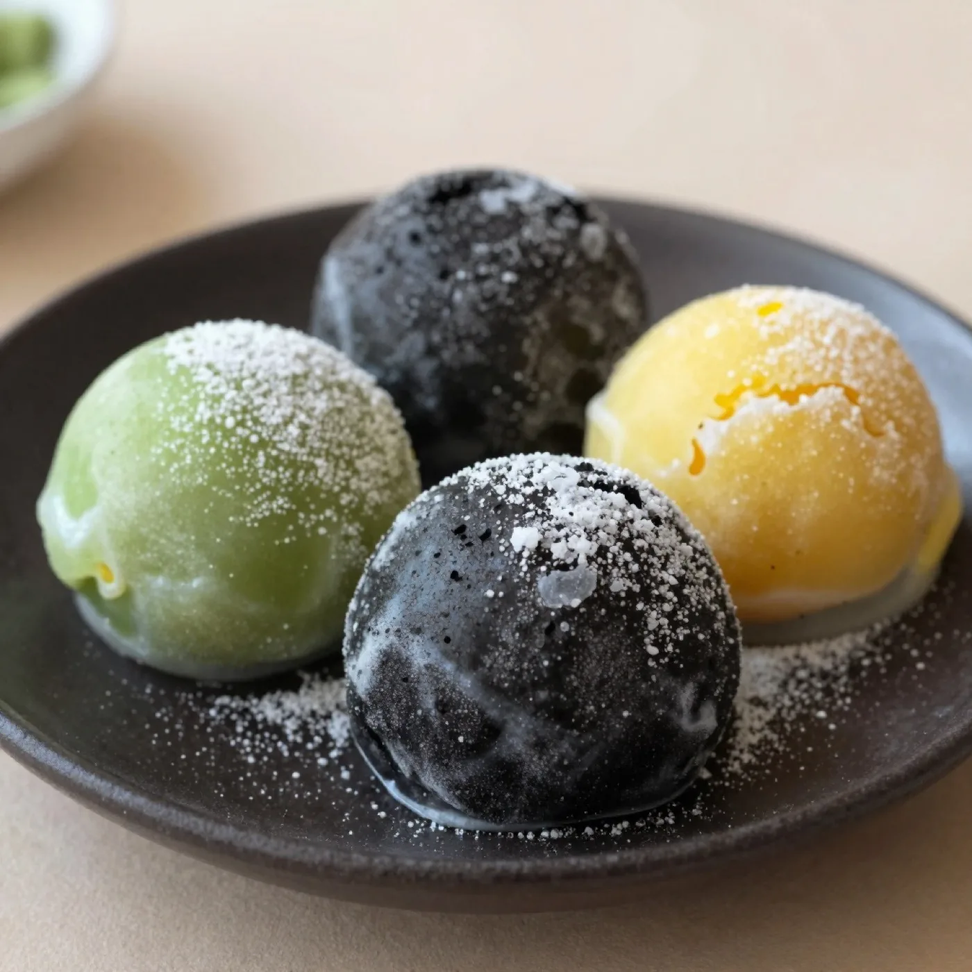 Mochi glacé (3 pièces) - Matcha, sésame noir, mangue