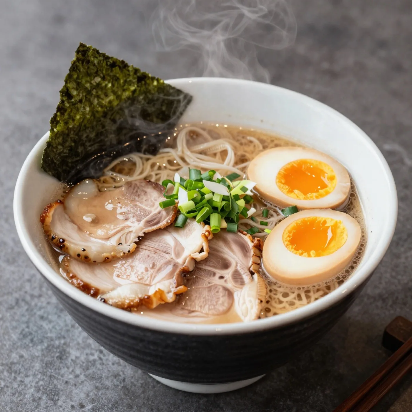 Ramen tonkotsu - Bouillon de porc, chashu, œuf mollet